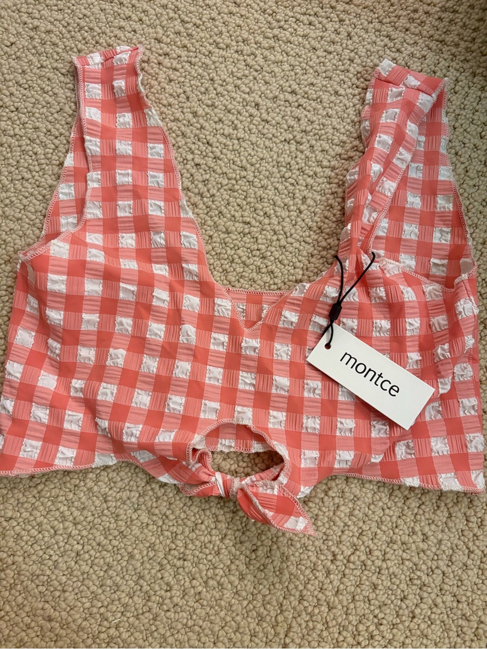 Revolve Montce Gingham Tie-Front Bikini Top - Coral & White - Picture 1 of 3